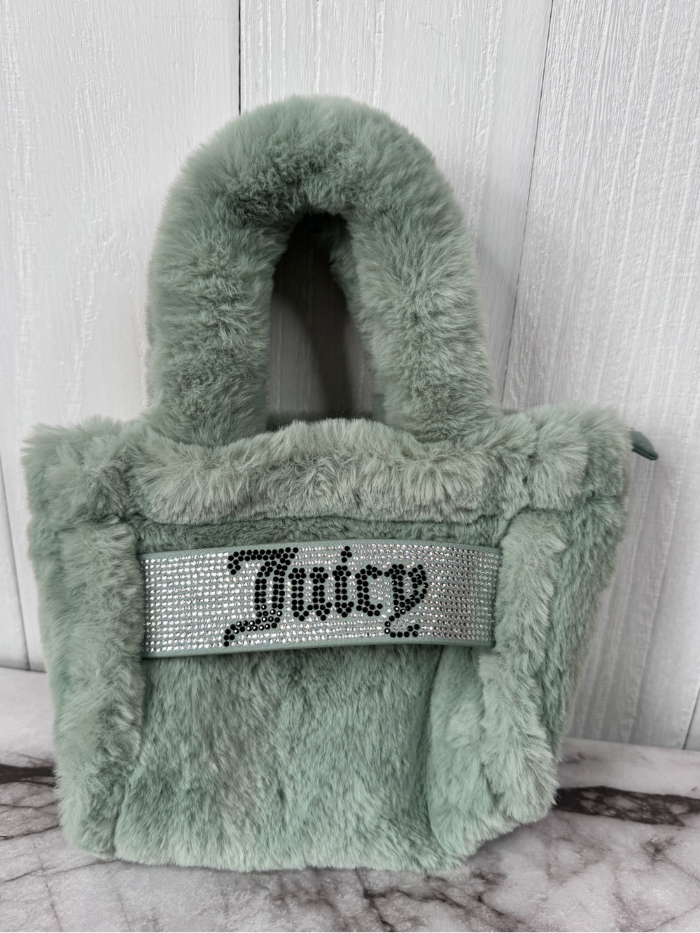 Juicy Couture Sage Green Faux Fur Mini Tote Bag Rhinestone Logo Y2K